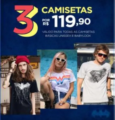 3 camisetas DC Comics Oficial por R$119,90