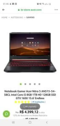 Notebook Gamer Acer Nitro 5 AN515-54-58CL Intel Core i5 8GB 1TB HD 128GB SSD GTX 1650 15.6' Endless R$4400