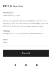 [Usuários Selecionados] R$20 OFF em um pedido de no min R$40 no Uber Eats