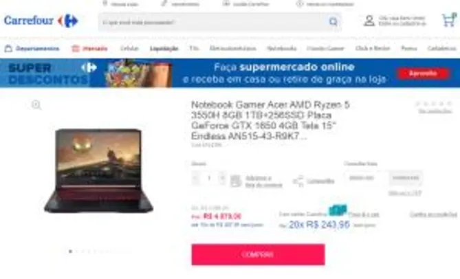 Notebook Gamer Acer AMD Ryzen 5 3550H 8GB 1TB+256SSD Placa GeForce GTX 1650 4GB