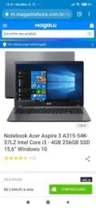 Notebook Acer Aspire 3 A315-54K-37LZ Intel Core i3 256GB | R$2849
