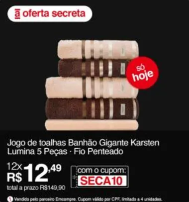 [APP Americanas] Jogo de toalhas Banhão Gigante Karsten Lumina 5 Peças - Fio Penteado - Gramatura 500 G/M² R$140