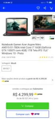 Notebook Gamer Nitro AN515-51 Intel i7 + 16GB RAM+ GEFORCE 1050Ti - R$4300