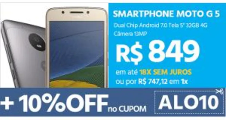 [Cartão Submarino] Smartphone Moto G 5 Dual Chip Android 7.0 Tela 5" 32GB 4G Câmera 13MP por R$ 672
