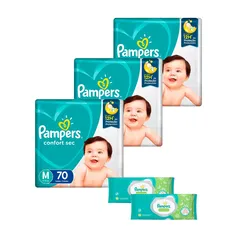 Kit Pampers M Confort Sec Super 210 Unidades + Lenço Umedecido Pampers Aloevera 96 Unidades