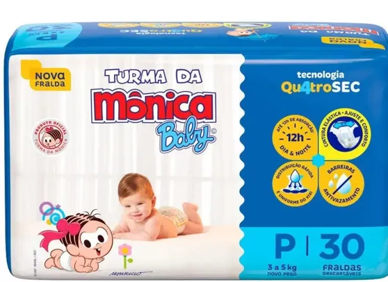 Fralda Turma da Mônica Baby Tam. P 3 a 5kg - 30 Unidades