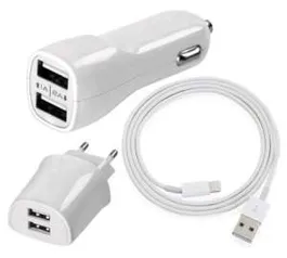 [Saraiva] Kit 3 Em 1 Geonav Ch31ligh Carregador Veicular 2 USB + Carregador Parede 2 USB + Cabo Lightning