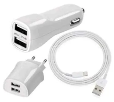 [Saraiva] Kit 3 Em 1 Geonav Ch31ligh Carregador Veicular 2 USB + Carregador Parede 2 USB + Cabo Lightning