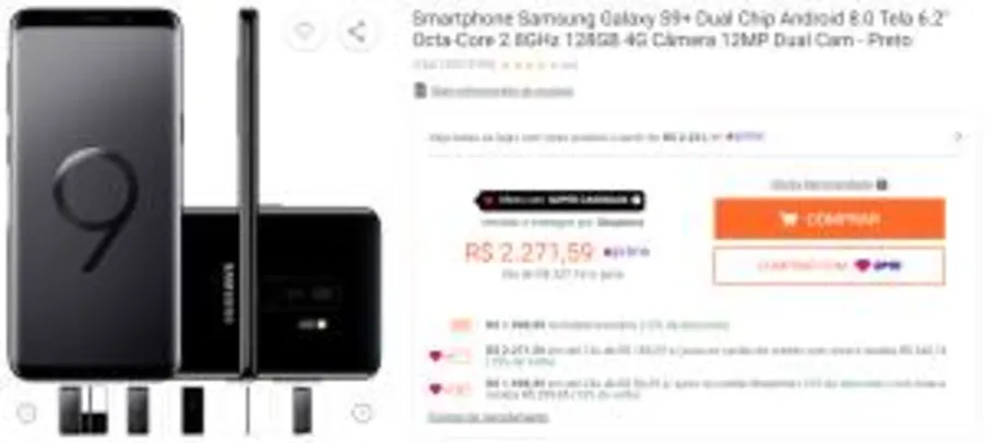 [R$1.699 Ame+CC Shoptime] Samsung Galaxy S9+ 128GB | R$1.999