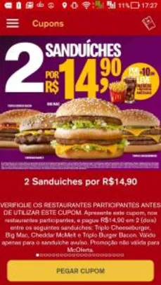 2 Lanches no McDonalds por R$ 15