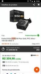 Fonte EVGA 650W 80 Plus Gold, PFC Ativo - 100-GD-0650-V