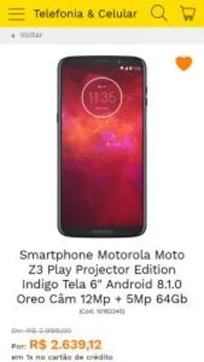 Smartphone Motorola Moto Z3 Play Projector Edition - R$2.507,16