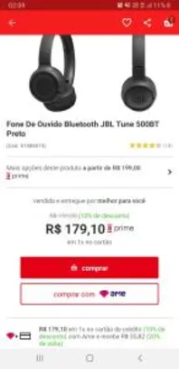 [APP/AME R$ 139] Fone De Ouvido Bluetooth JBL Tune 500BT Preto R$ 179