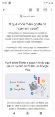 [Usuários Selecionados] R$20 no Google Play oferecido pelo Local Guides