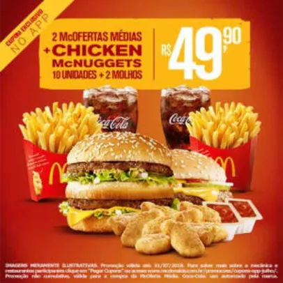 2 McOfertas Médias + Chicken McNuggets 10 unidades + 2 Molhos no McDonald's - R$49,90