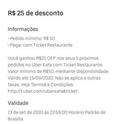 [Ticket Restaurante] Cupom Uber eats 25R$ acima de 50R$