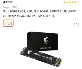 SSD Aorus Gen4, 2TB, M.2, NVMe, Leituras: 5000MB/s e Gravações: 4400MB