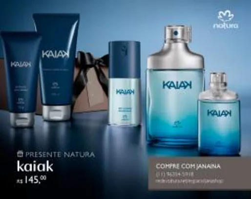 [Natura] Presente Natura Kaiak - Desodorante Colônia + Deo Corporal + Shampoo + Gel Fixador + Embalagem R$ 145,00