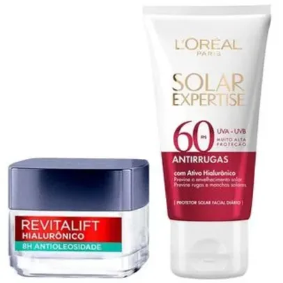 L’Oréal Paris Kit – Protetor Solar Facial Solar Expertise Antirrugas FPS60 40g + Gel Creme Facial Antioleosidade Revitalift Hialurônico 50ml