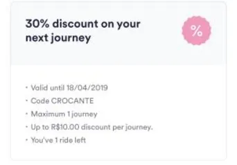 30% OFF em uma corrida no Cabify (máximo de R$ 10 de desconto)