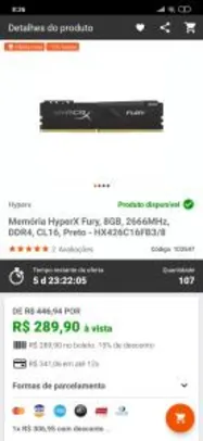 Memória HyperX Fury, 8GB, 2666MHz, DDR4, CL16, Preto | R$290