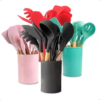 Kit 12 Utensílios De Cozinha Em Silicone E Cabo De Madeira - Preto