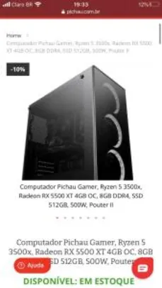 Computador Pichau Gamer, Ryzen 5 3500x, Radeon RX 5500 XT 4GB OC, 8GB DDR4, SSD 512GB, 500W, Pouter II