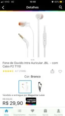 [APP e SITE] Fone de Ouvido Intra Auricular JBL - com Cabo P2 T110 | R$20