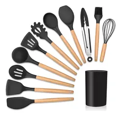 Conjunto 12 Utensílios De Cozinha Silicone E Cabo De Madeira