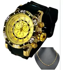 Relogio Masculino Dourado Grande Original Banho Ouro +brinde 