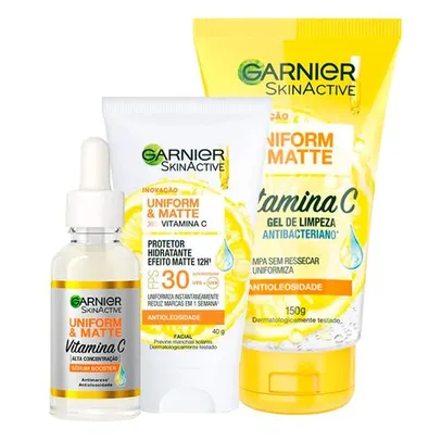 Kit Garnier Skinactive Uniform & Matte Vitamina C Gel Facial 150ml + Sérum Facial 15ml + Protetor