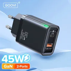 [Moedas/Taxas Inclusas] Carregador de parede USB tipo C GaN 45W QOOVI 