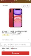 iPhone 11 256GB Vermelho - R$4.319