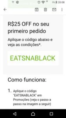 R$25 OFF no primeiro pedido no Uber Eats