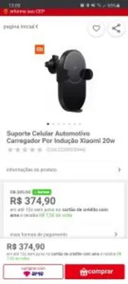 Suporte Celular Automotivo Carregador Por Indução Xiaomi 20w - R$374