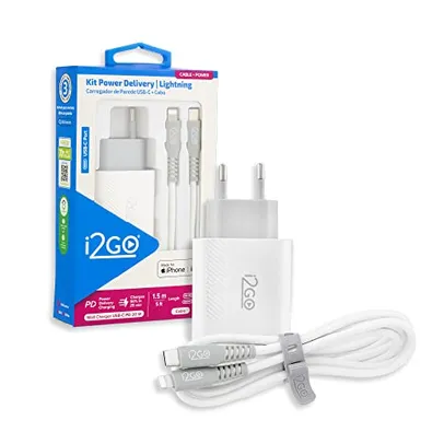 Kit Carregador de Parede Ultra Rápido com 1 Saída USB-C Power Delivery 20W + Cabo iPhone/Lightning + USB-C i2GO Certificado MFi 1,5m 3A Branco