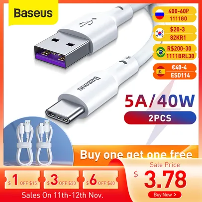 2 peças Baseus Fast Charging USB Type C Cable 5A USB C Cable 