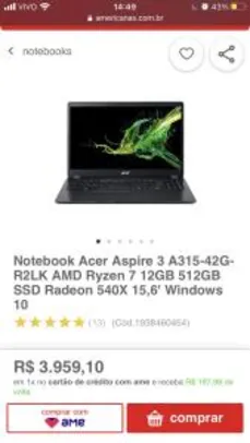 [1x CC] Notebook Acer Aspire 3 A315-42G-R2LK AMD Ryzen 7 12GB 512GB SSD Radeon 540X 15,6' Windows 10 | R$3386
