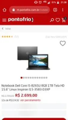 Notebook Dell Core i5-8265U 8GB 1TB Tela HD 15.6” Linux Inspiron I | R$2699