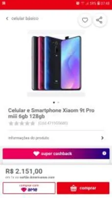 Smartphone Xiaomi 9t Pro miii 6gb 128gb - R$2.151
