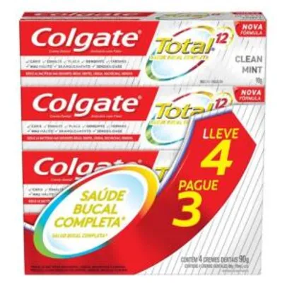 [R$10,25 se comprar 3 unidades] Kit Creme Dental Colgate Total 12 Clean Mint 90g 4 Unidades | R$ 14