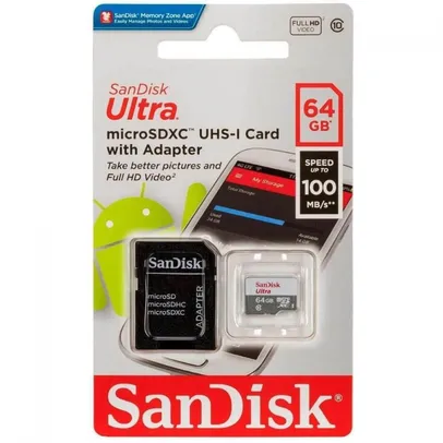 Cartão De Memória SanDisk Ultra MicroSDHC UHS-I, 64GB, 100MBs, Class 10, Com Adaptador, SDSQUNR-064G-GN3MA