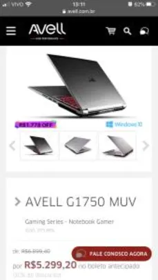 Notebook Gamer Avell G1750 MUV