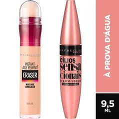 Kit Corretivo Líquido Maybelline Eraser Instant Age Rewind 110 Light, 5.9ml e Máscara de Cílios Maybelline Cílios Sensacionais  À Prova D'água