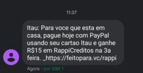 R$15 em RappiCreditos pagando com Itaucard + PayPal