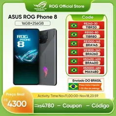 (NO BRASIL | moedas R$4228,55) Smartphone ASUS ROG Gaming Phone 8 256GB 5G Snapdragon 8 Gen 3 16GB Ram Tela 6,78" AMOLED 165Hz Câm Tripla 50MP+32MP