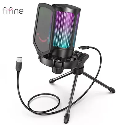 [Moedas] Microfone Fifine Ampligame A6V RGB com base e Pop filter - 3 cores