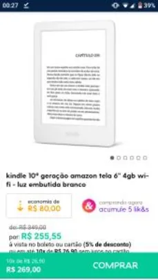 Kindle 10ª Geração Amazon Tela 6” 4GB - Luz Embutida Branco | R$256