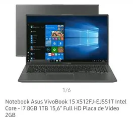 Notebook Asus VivoBook 15 X512FJ-EJ551T Intel Core - i7 8GB 1TB 15,6” R$4141