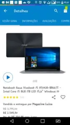 Notebook Asus Vivobook 15 X510UA-BR667T - Intel Core i5 8GB 1TB LED 15,6” Windows 10 - R$2371